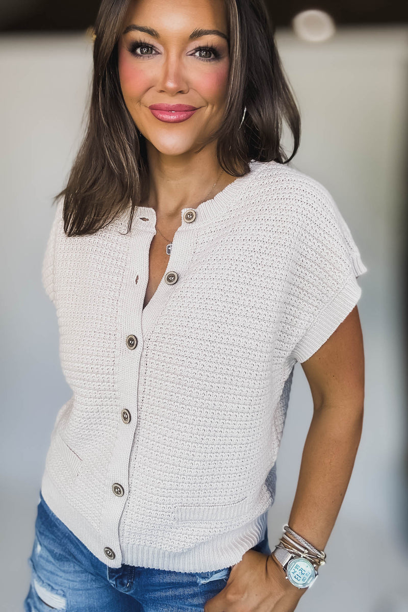 Button Down Light Khaki Short Sleeve Knit Cardigan Vest