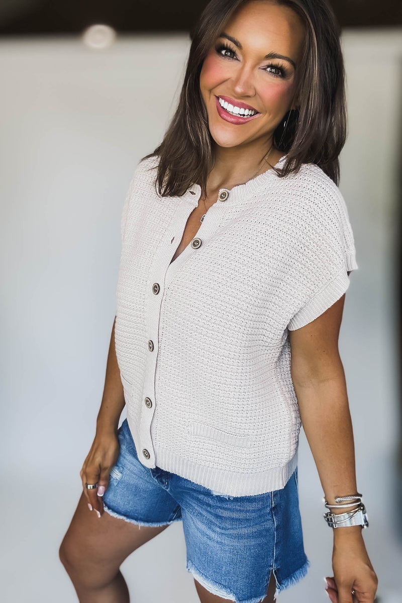 Button Down Light Khaki Short Sleeve Knit Cardigan Vest