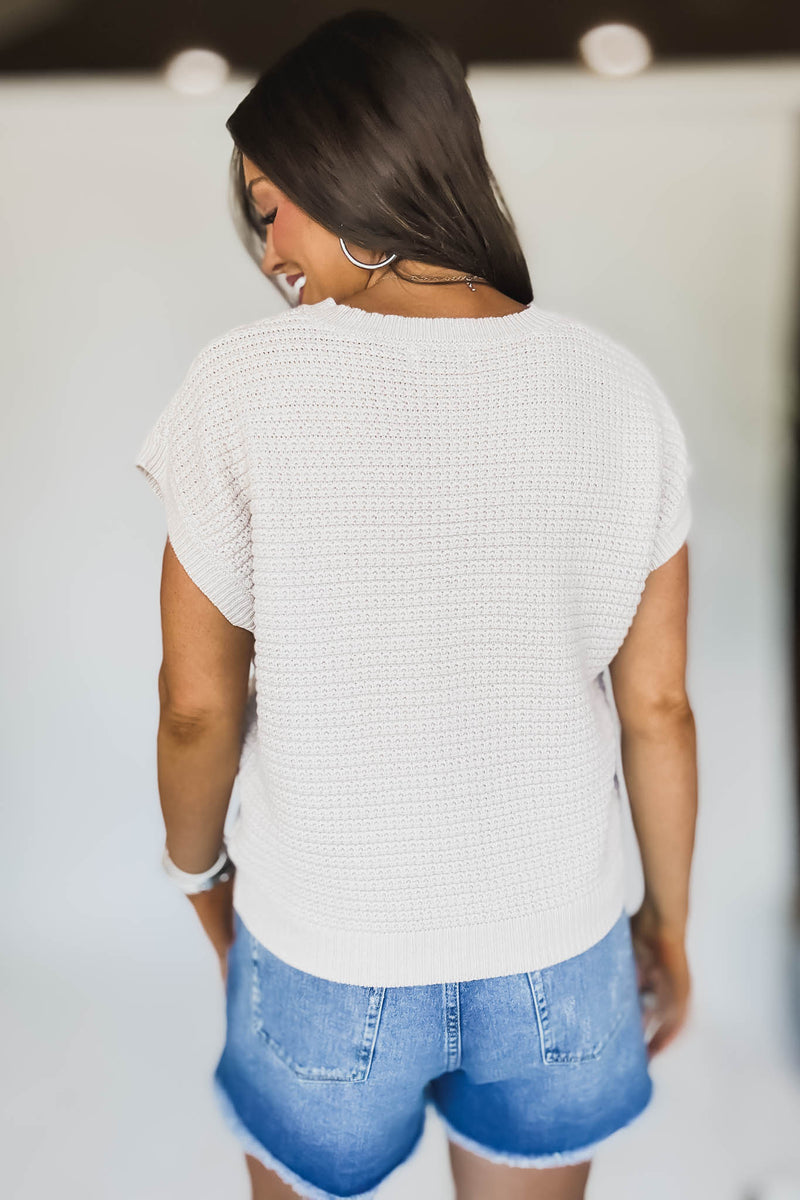 Button Down Light Khaki Short Sleeve Knit Cardigan Vest