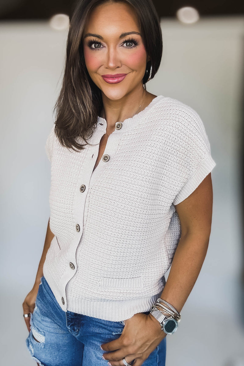 Button Down Light Khaki Short Sleeve Knit Cardigan Vest