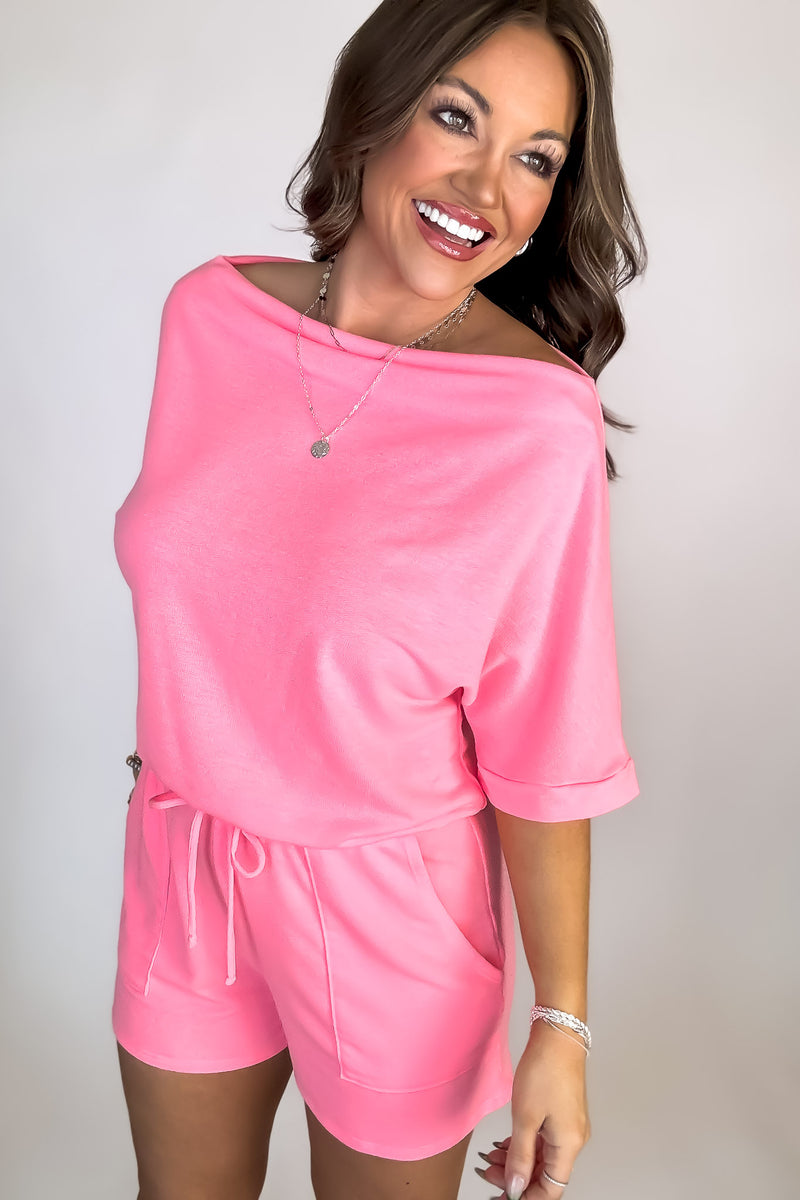 Early To Rise Neon Pink Boatneck Romper