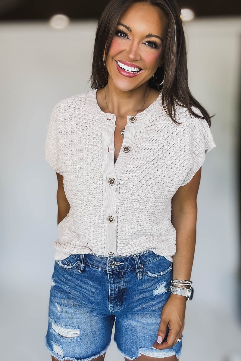 Button Down Light Khaki Short Sleeve Knit Cardigan Vest