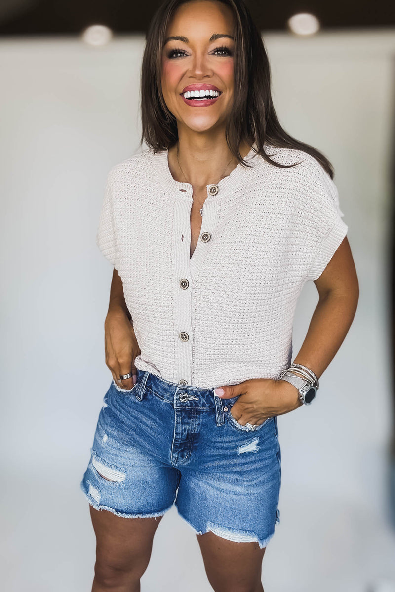 Button Down Light Khaki Short Sleeve Knit Cardigan Vest