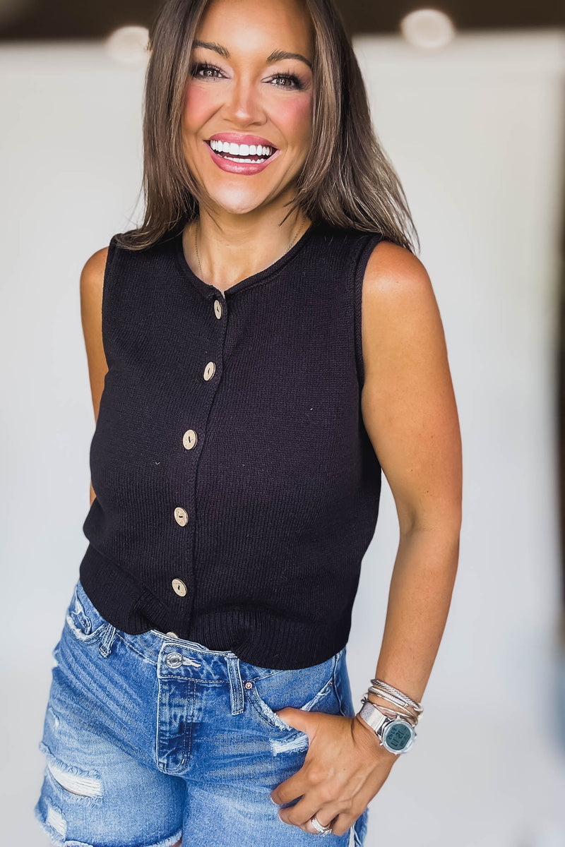 Black Raw Edge Button Down Knit Cardigan Vest Top