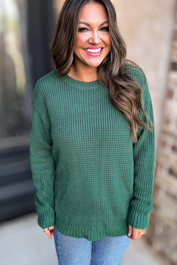 Merry And Bright Dark Green Hi-Low Long Sleeve Round Neck Waffle Sweater