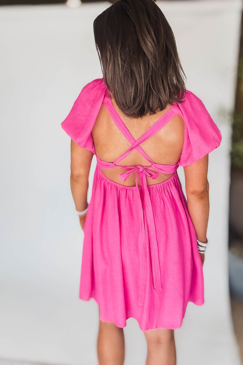 Pink Solid Short Sleeve Ruched Dress