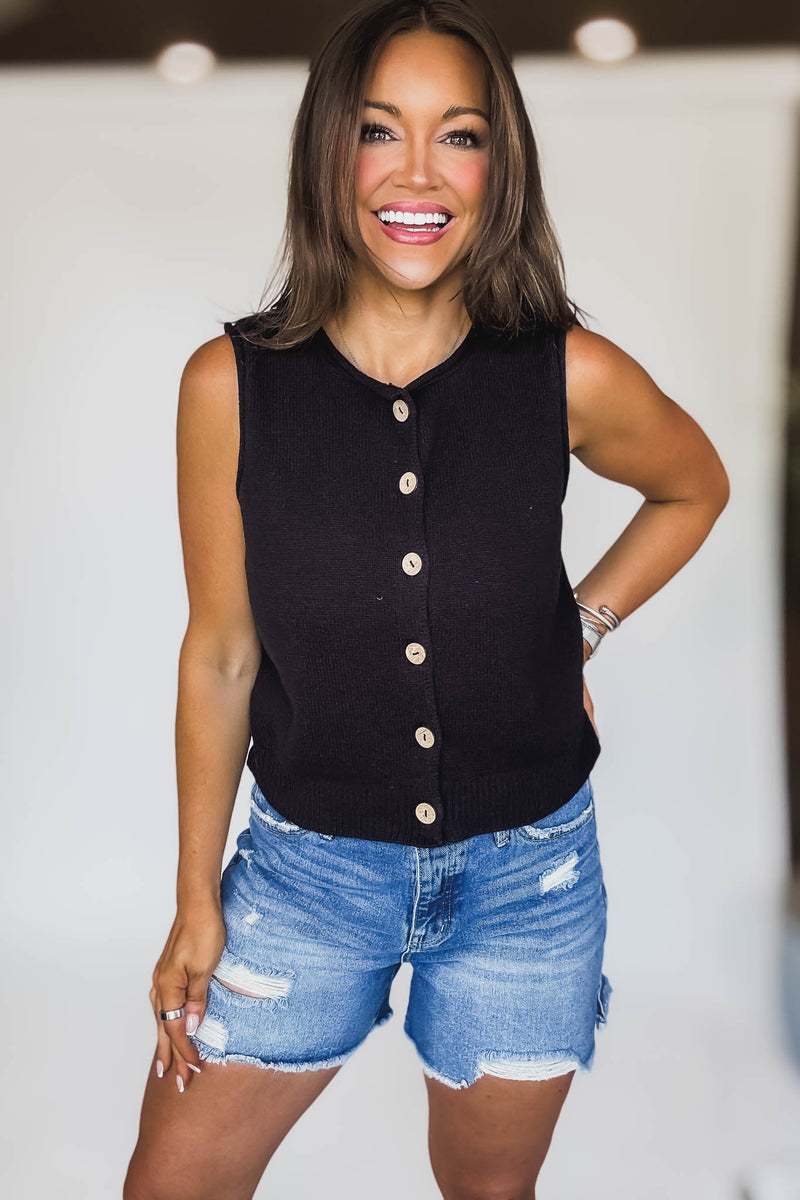 Black Raw Edge Button Down Knit Cardigan Vest Top