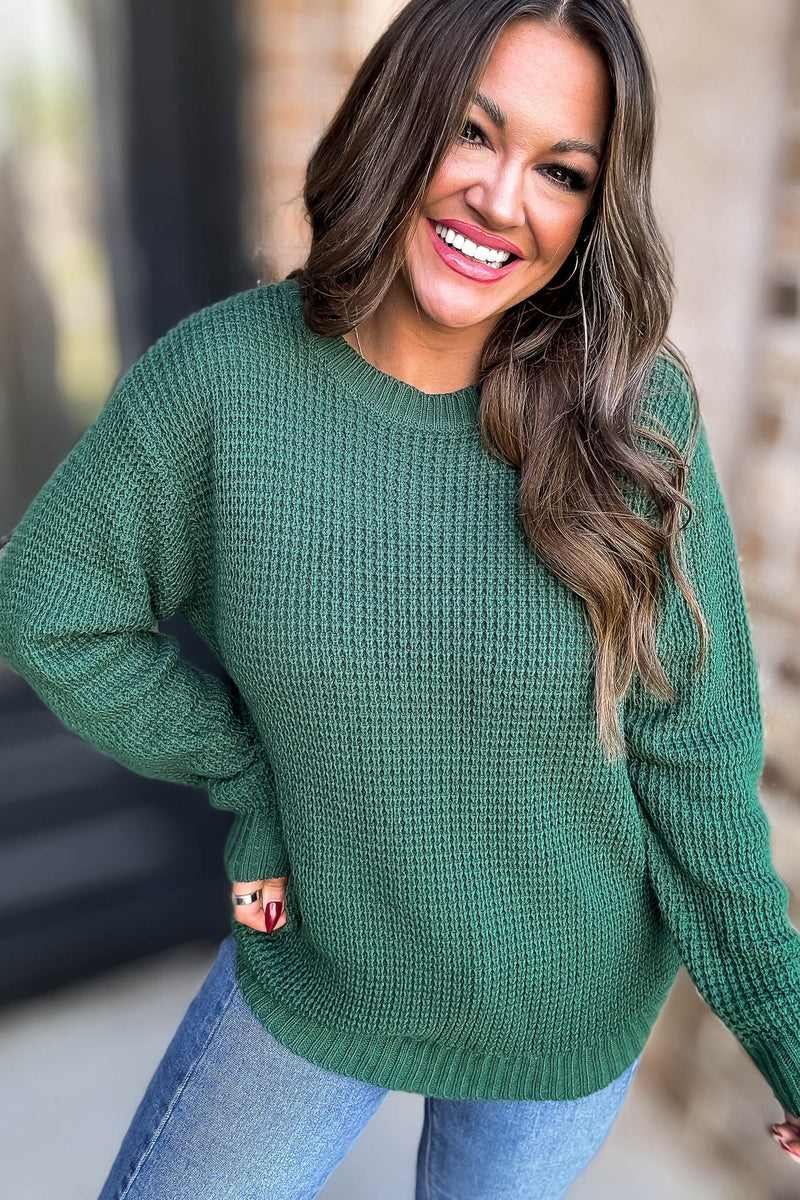 Merry And Bright Dark Green Hi-Low Long Sleeve Round Neck Waffle Sweater
