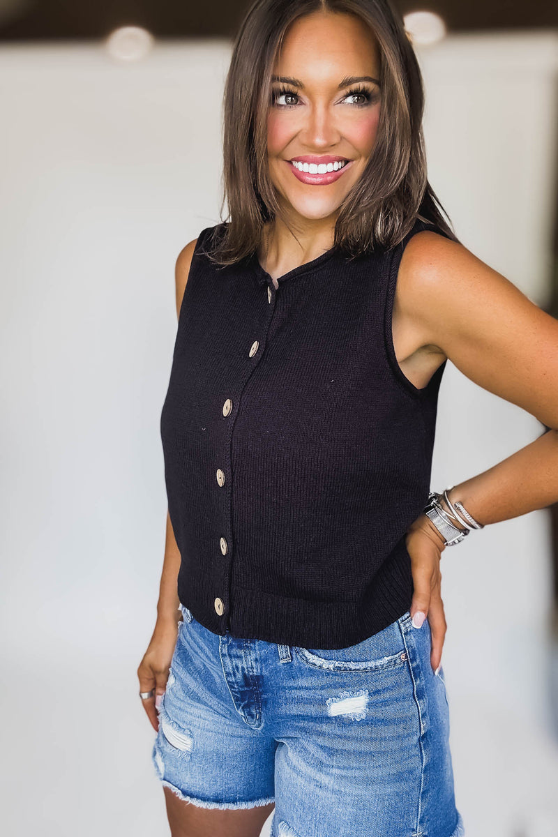 Black Raw Edge Button Down Knit Cardigan Vest Top