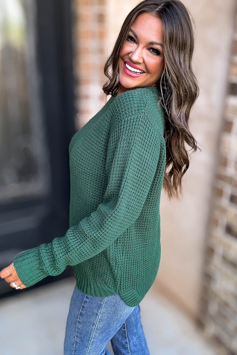 Merry And Bright Dark Green Hi-Low Long Sleeve Round Neck Waffle Sweater