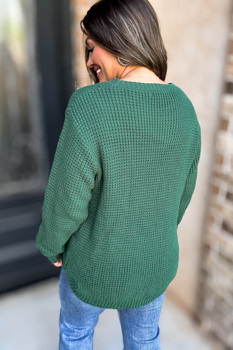 Merry And Bright Dark Green Hi-Low Long Sleeve Round Neck Waffle Sweater