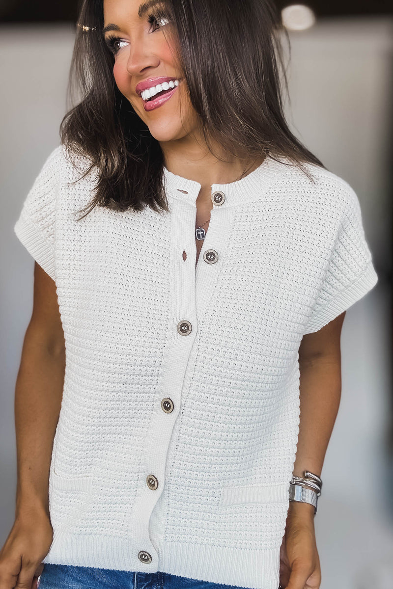 Button Down Cream Short Sleeve Knit Cardigan Vest