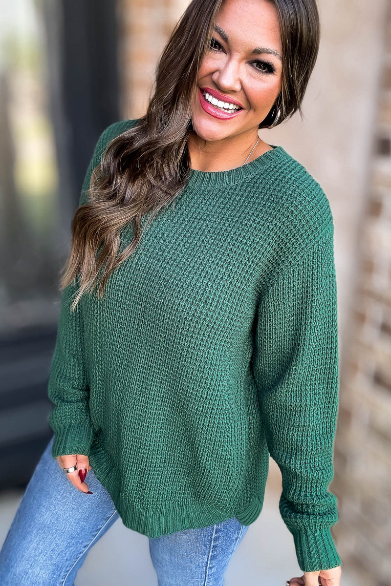 Merry And Bright Dark Green Hi-Low Long Sleeve Round Neck Waffle Sweater