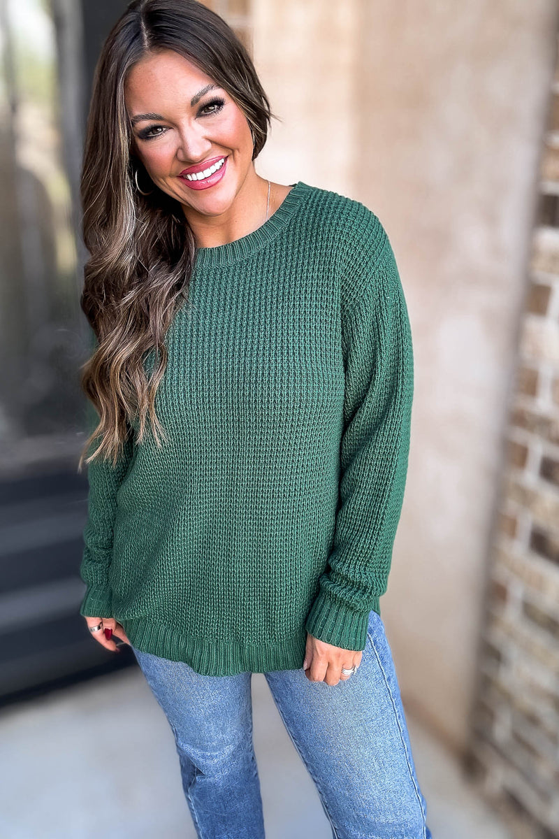Merry And Bright Dark Green Hi-Low Long Sleeve Round Neck Waffle Sweater
