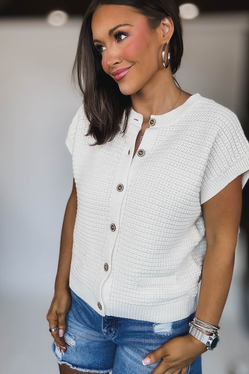 Button Down Cream Short Sleeve Knit Cardigan Vest