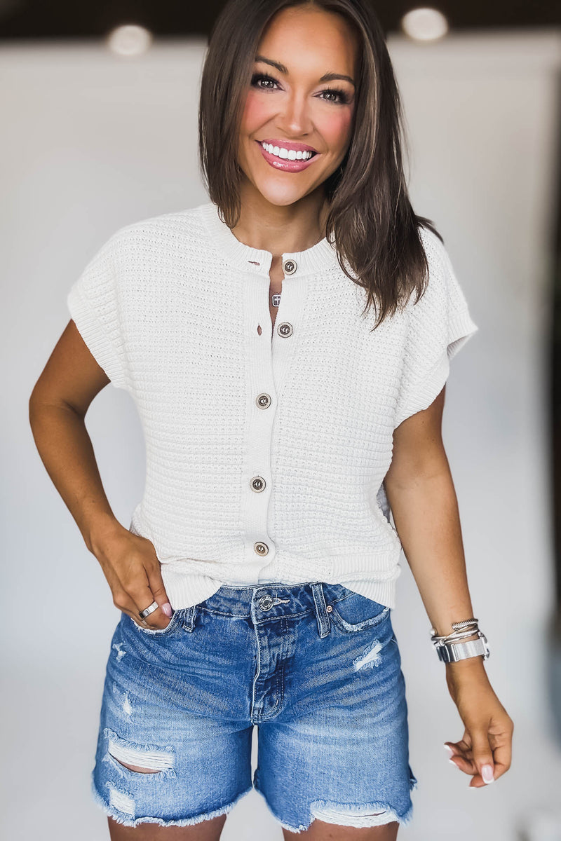 Button Down Cream Short Sleeve Knit Cardigan Vest