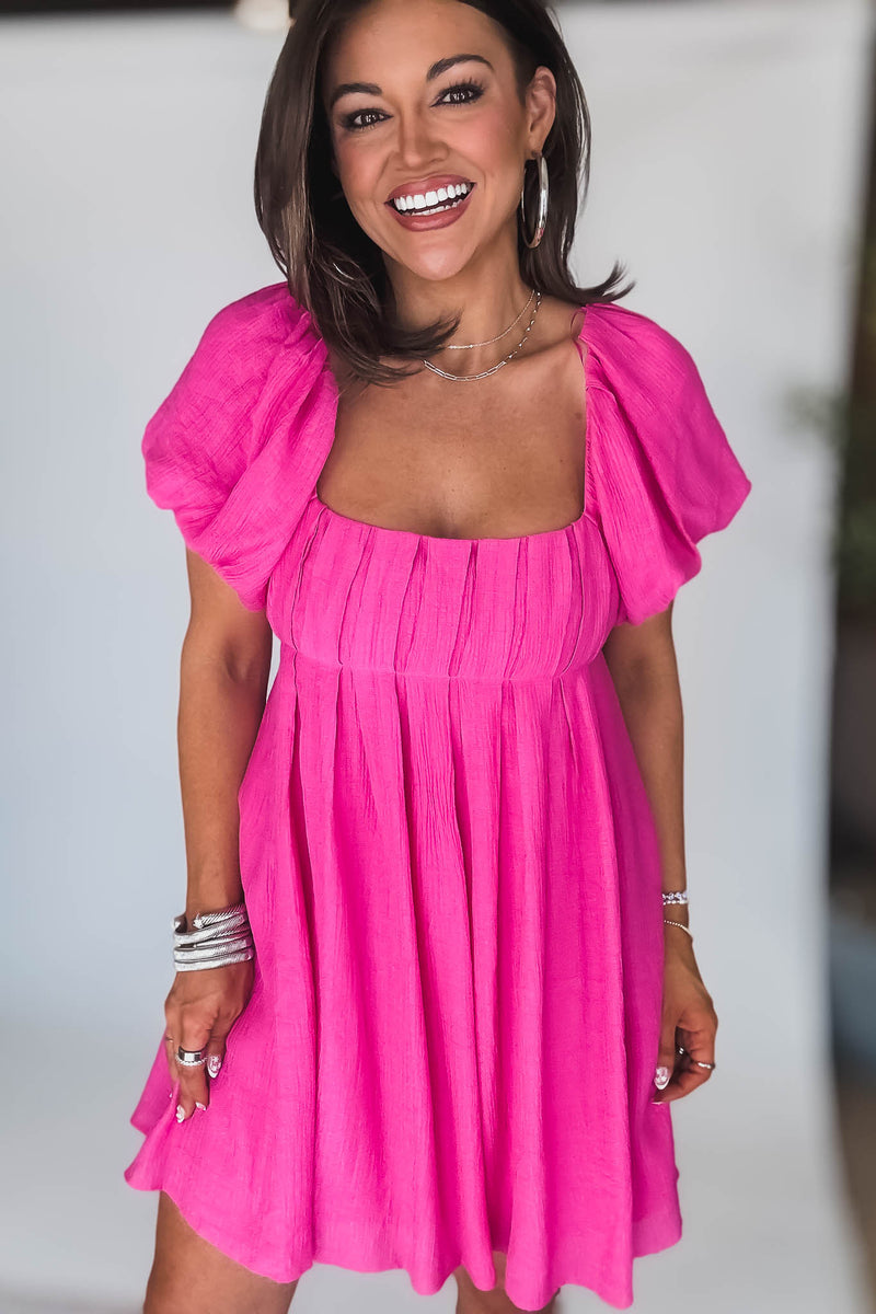 Pink Solid Short Sleeve Ruched Dress