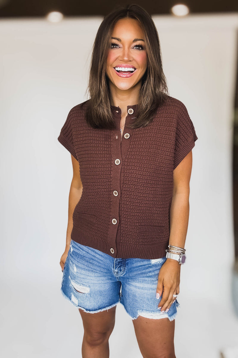 Button Down Chocolate Short Sleeve Knit Cardigan Vest