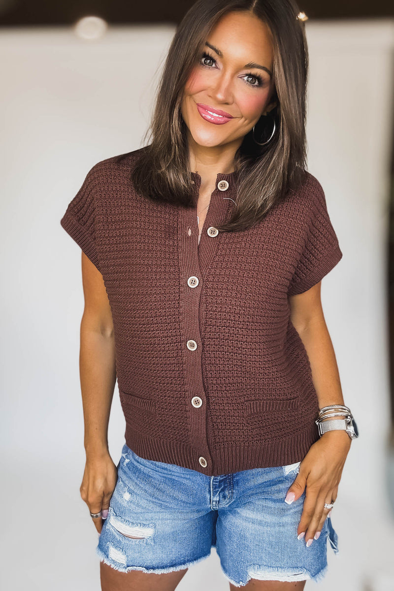 Button Down Chocolate Short Sleeve Knit Cardigan Vest