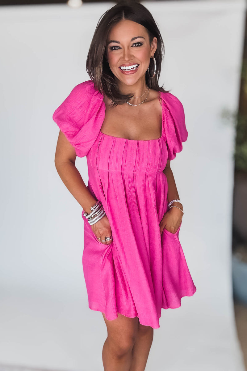 Pink Solid Short Sleeve Ruched Dress