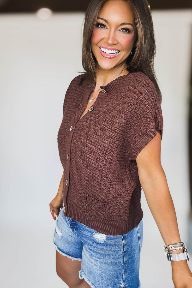 Button Down Chocolate Short Sleeve Knit Cardigan Vest