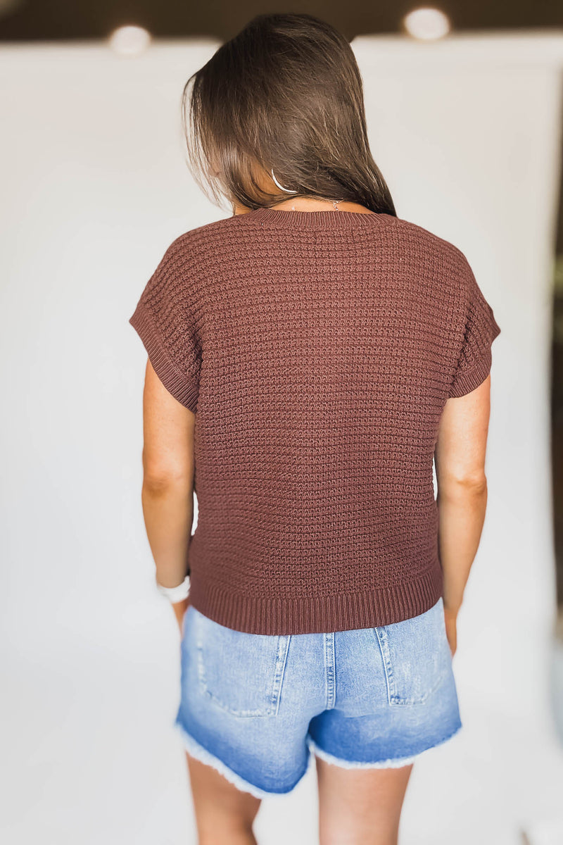 Button Down Chocolate Short Sleeve Knit Cardigan Vest