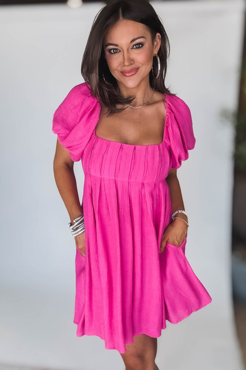 Pink Solid Short Sleeve Ruched Dress