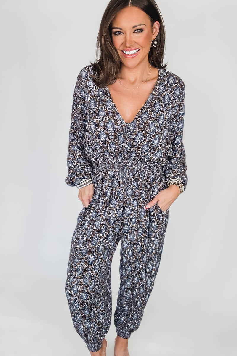 Golden Sun Shirred Jumpsuit