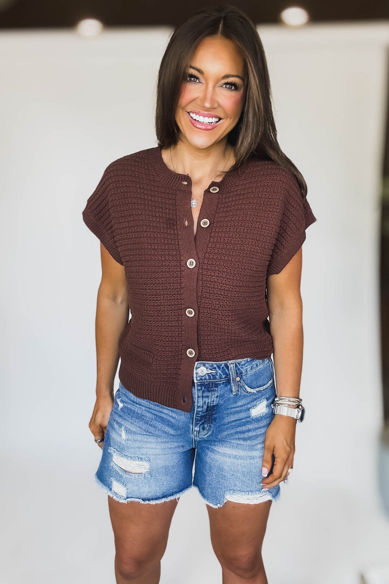 Button Down Chocolate Short Sleeve Knit Cardigan Vest