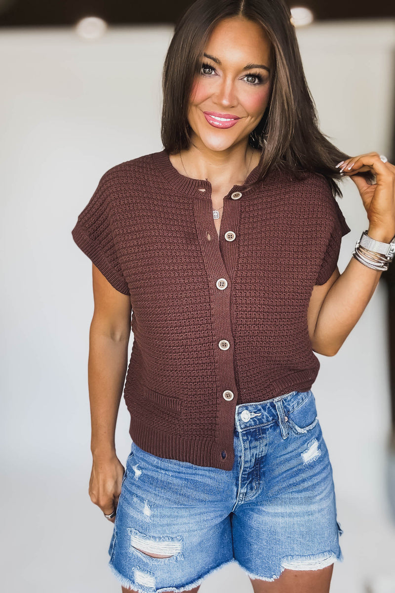 Button Down Chocolate Short Sleeve Knit Cardigan Vest