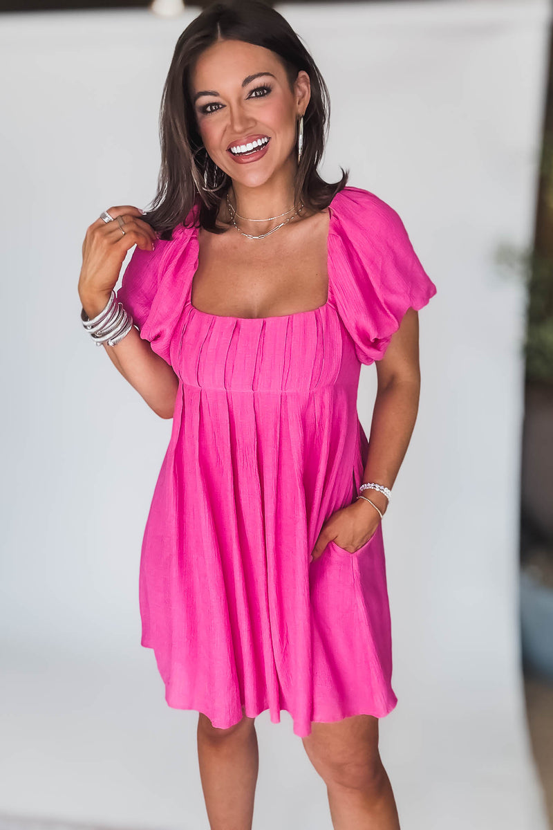 Pink Solid Short Sleeve Ruched Dress