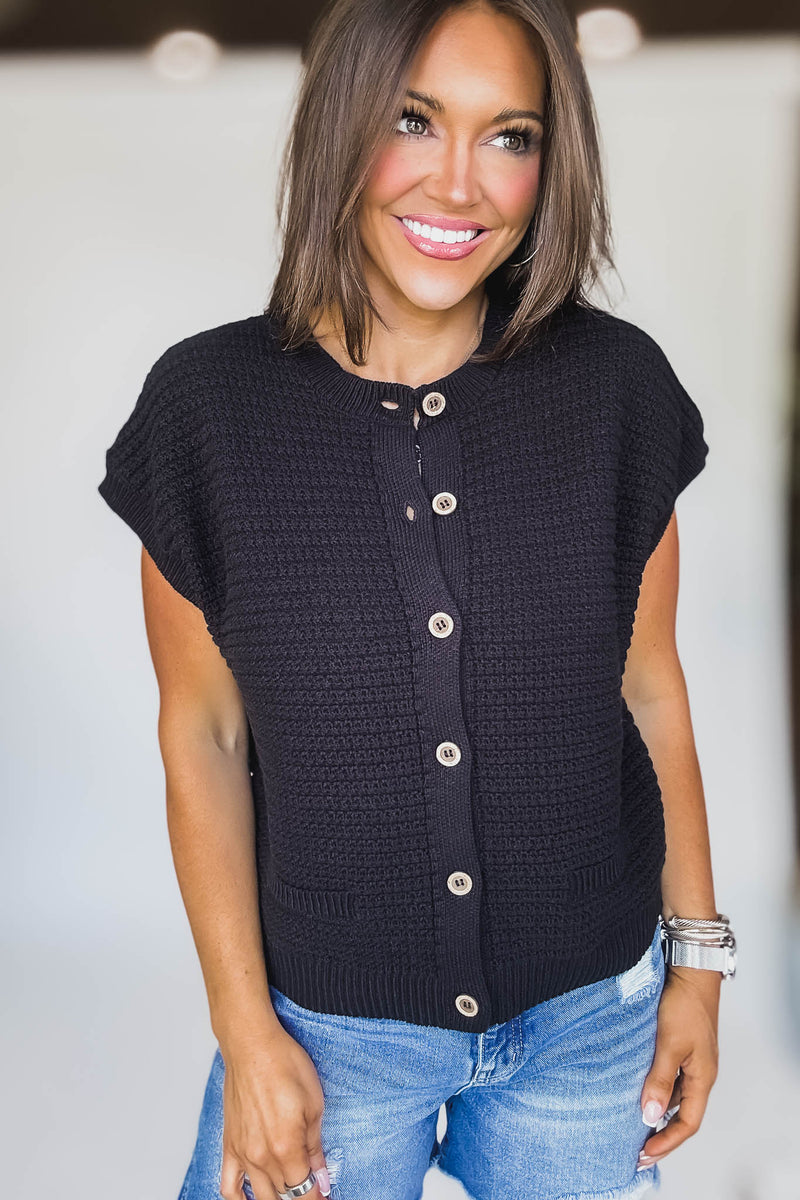 Button Down Black Short Sleeve Knit Cardigan Vest