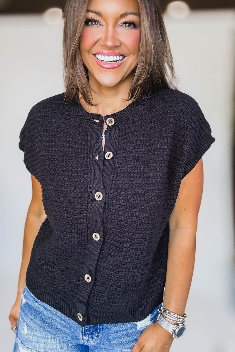 Button Down Black Short Sleeve Knit Cardigan Vest