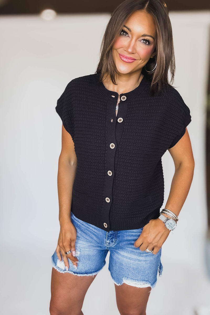Button Down Black Short Sleeve Knit Cardigan Vest