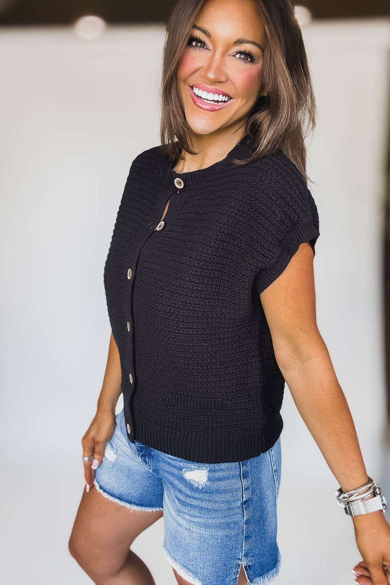 Button Down Black Short Sleeve Knit Cardigan Vest