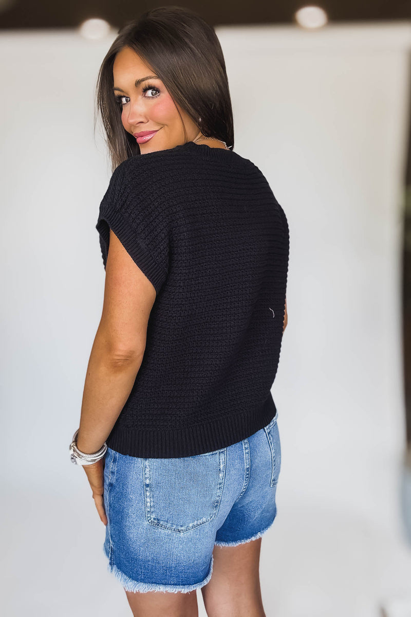 Button Down Black Short Sleeve Knit Cardigan Vest