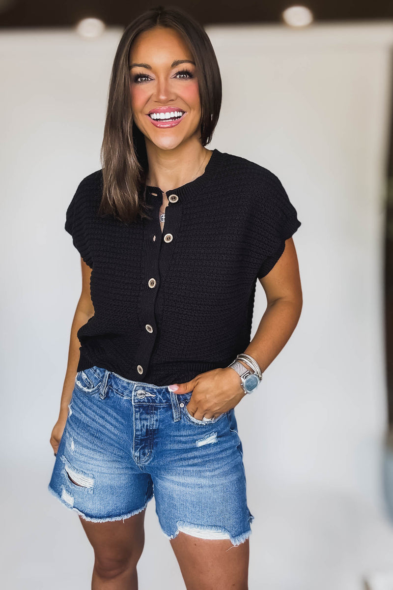 Button Down Black Short Sleeve Knit Cardigan Vest