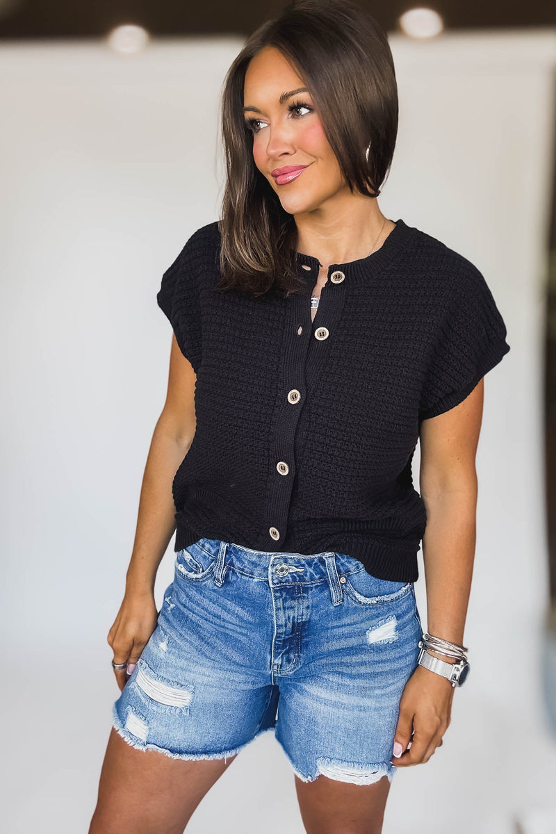 Button Down Black Short Sleeve Knit Cardigan Vest