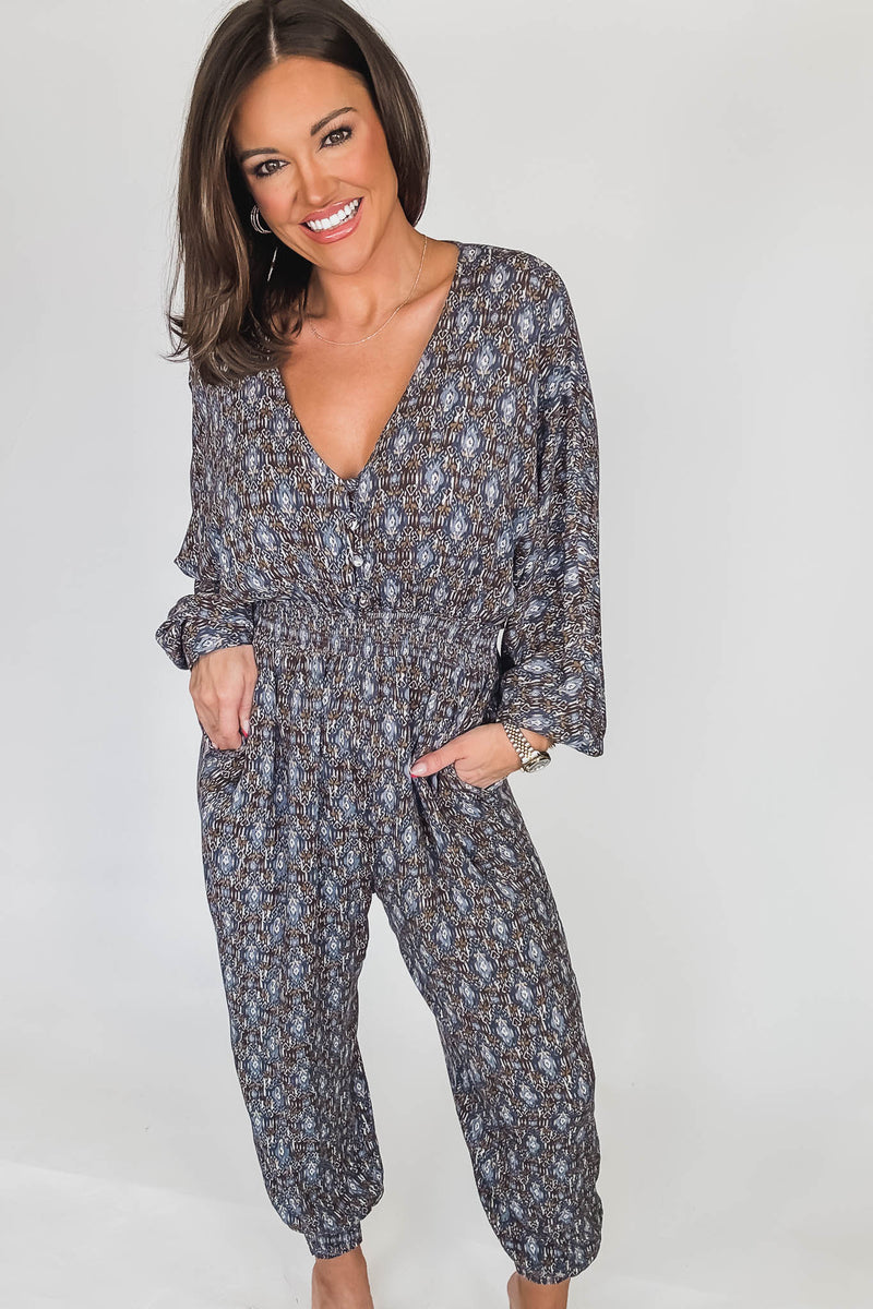 Golden Sun Shirred Jumpsuit