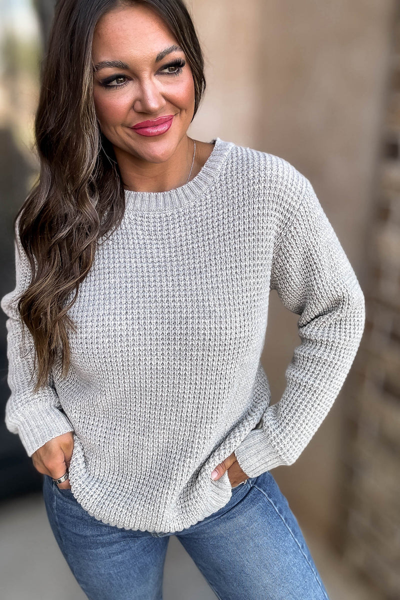 Merry And Bright Heather Mocha Hi-Low Long Sleeve Round Neck Waffle Sweater