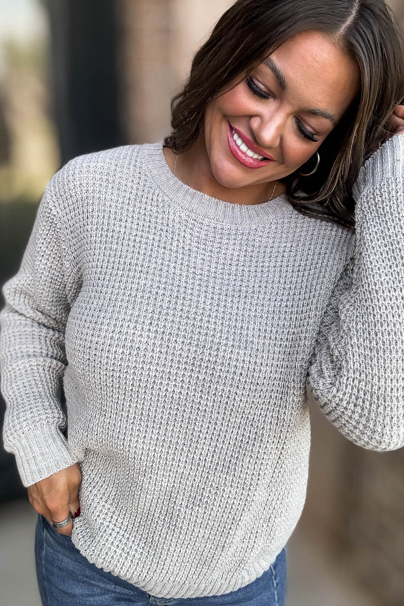 Merry And Bright Heather Mocha Hi-Low Long Sleeve Round Neck Waffle Sweater