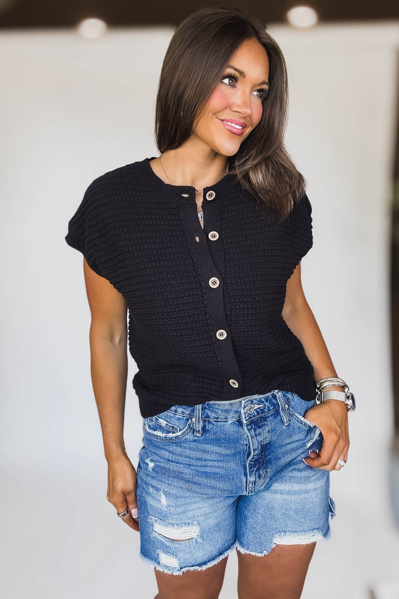Button Down Black Short Sleeve Knit Cardigan Vest
