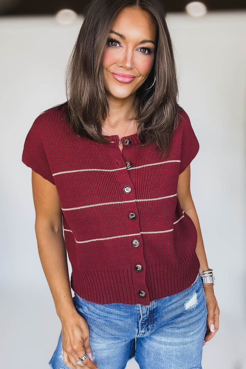 Stripe Button Down Crimson Short Sleeve Knit Cardigan