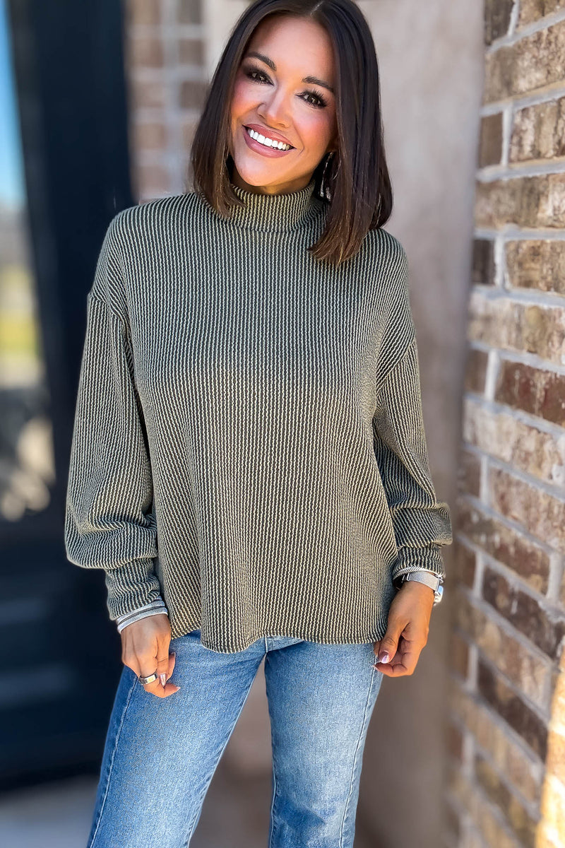 2 Hearts Olive Long Bishop Sleeve Ribbed Top