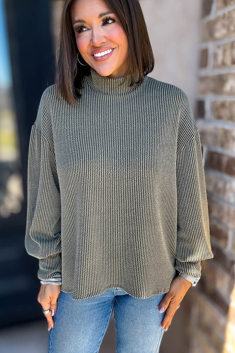 2 Hearts Olive Long Bishop Sleeve Ribbed Top