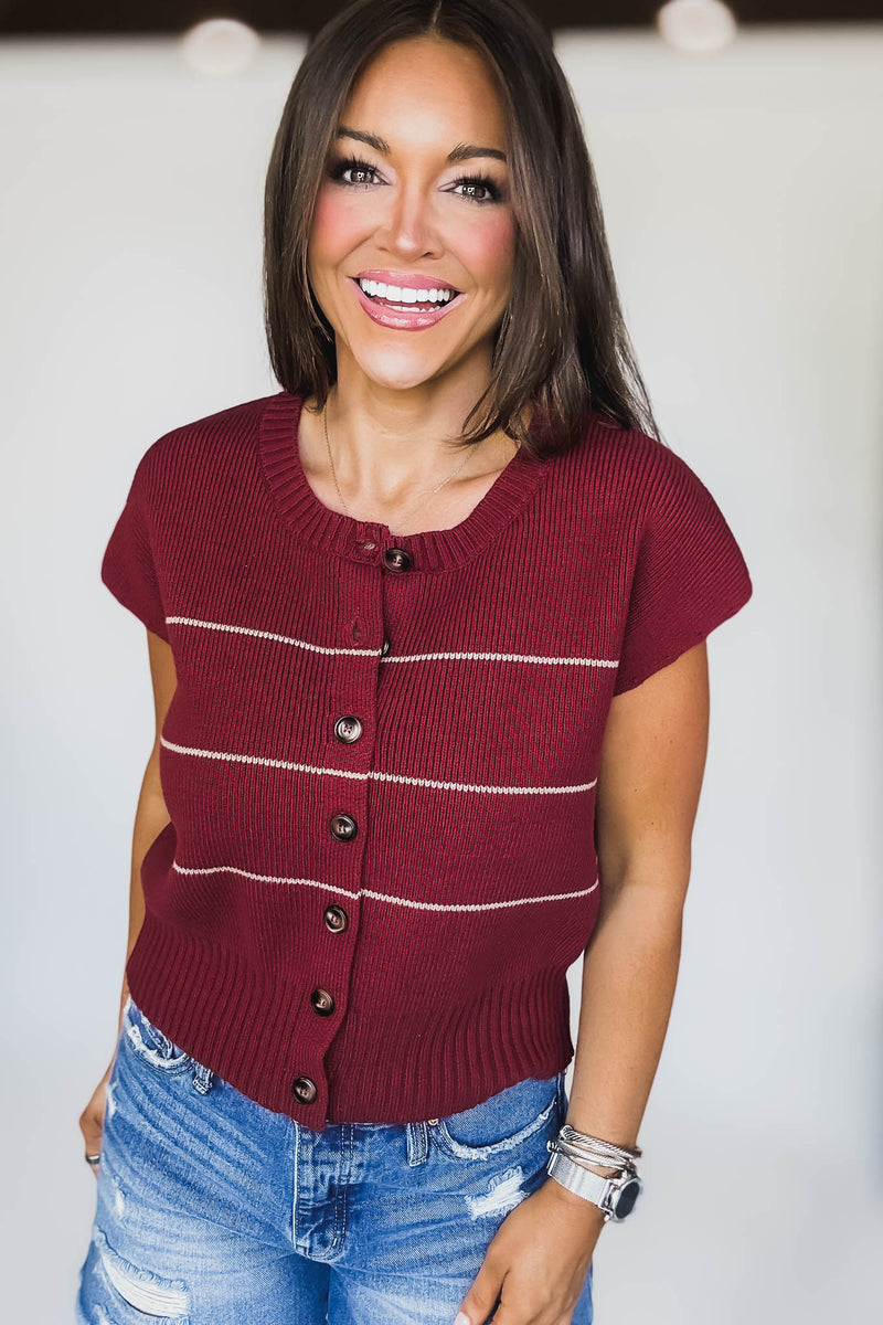 Stripe Button Down Crimson Short Sleeve Knit Cardigan