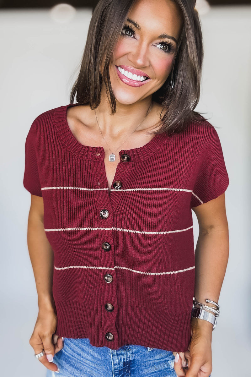 Stripe Button Down Crimson Short Sleeve Knit Cardigan