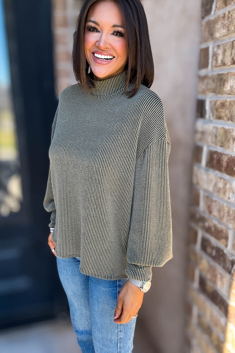 2 Hearts Olive Long Bishop Sleeve Ribbed Top