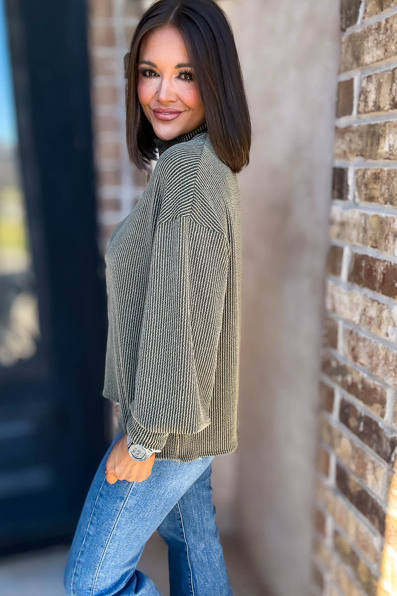 2 Hearts Olive Long Bishop Sleeve Ribbed Top