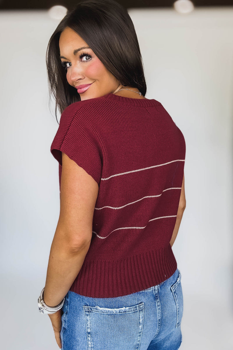 Stripe Button Down Crimson Short Sleeve Knit Cardigan